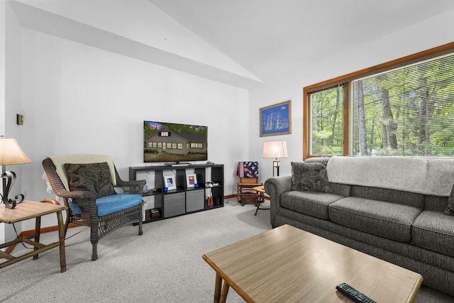 215 Pine Bluffs Rd, Roscommon, MI 48653 - living room featuring carpet floors and lofted ceiling