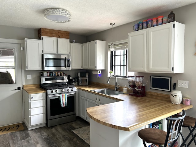 1200 Crestview Dr, Alpena, MI 49707 - kitchen featuring stainless steel appliances, a sink, dark wood-type flooring, a peninsula, and white cabinetry