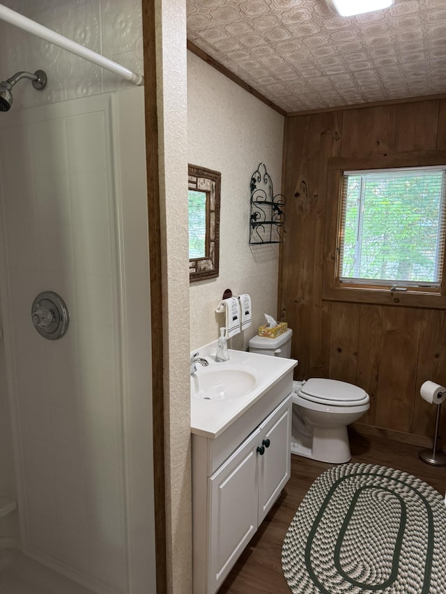 7386 Cheboygan St, Alanson, MI 49706 - bathroom featuring a shower stall, wood finished floors, vanity, wooden walls, and a textured wall