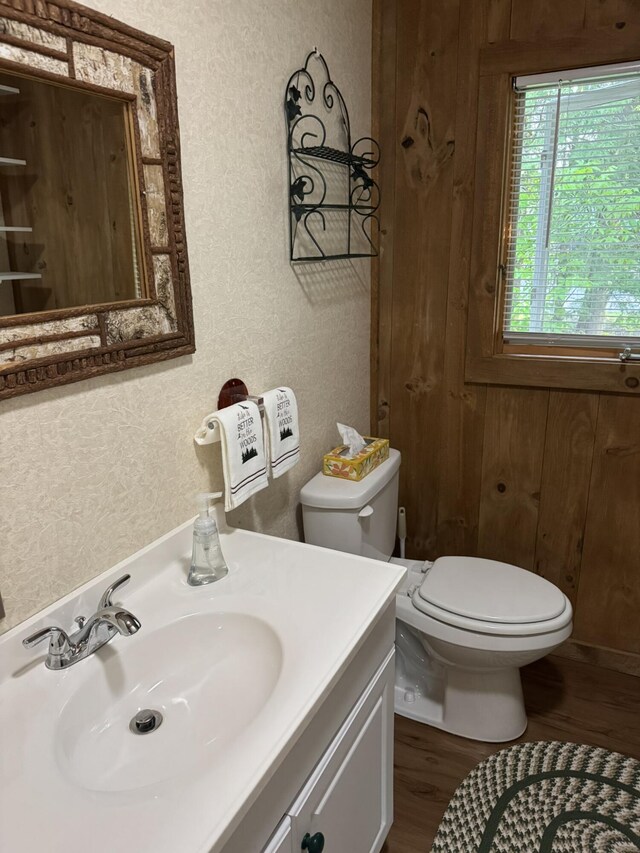 7386 Cheboygan St, Alanson, MI 49706 - half bath with wood finished floors, vanity, and a textured wall