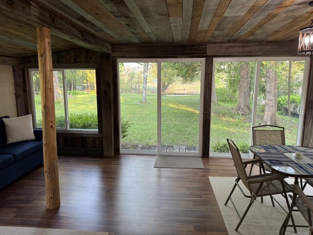 7386 Cheboygan St, Alanson, MI 49706 - sunroom featuring wooden ceiling, hardwood / wood-style flooring, and a deck