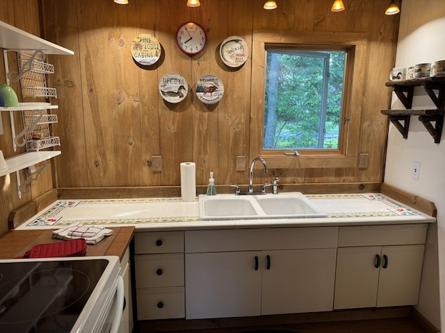 7386 Cheboygan St, Alanson, MI 49706 - kitchen featuring light countertops, white electric range, open shelves, and gray cabinetry