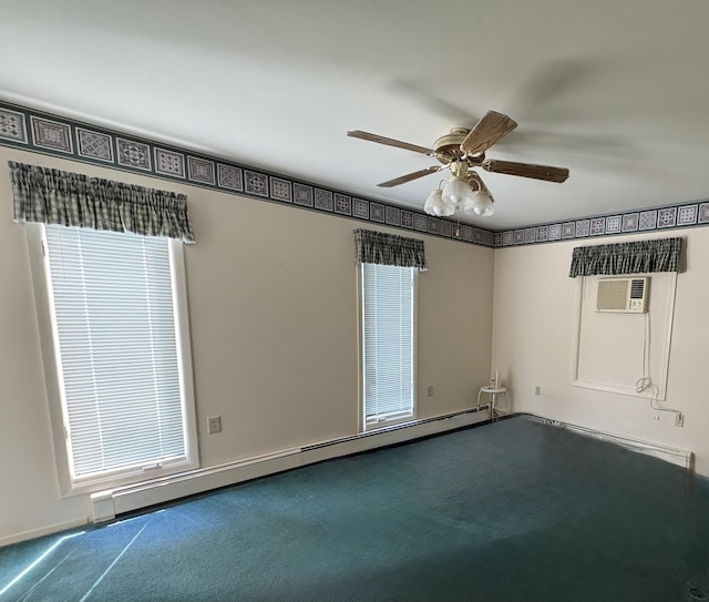 20730 E Riverside Dr, Hillman, MI 49746 - carpeted empty room with a wall unit AC, a baseboard heating unit, and a ceiling fan