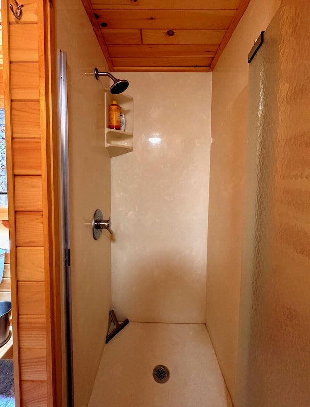 6309 Hiawatha Dr, Frederic, MI 49733 - bathroom featuring wood ceiling and a shower