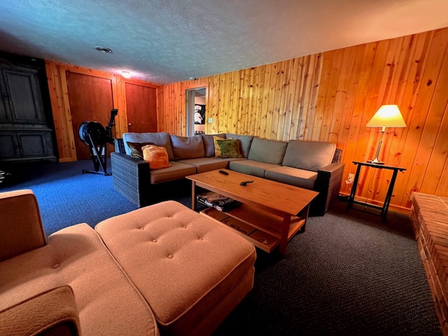 6309 Hiawatha Dr, Frederic, MI 49733 - living area with dark colored carpet, wood walls, and a textured ceiling