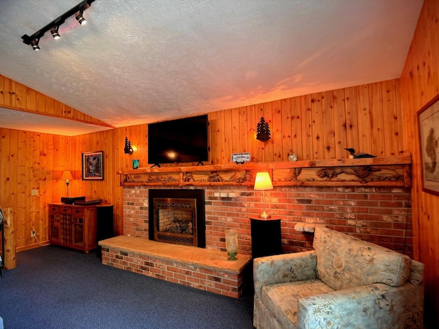 6309 Hiawatha Dr, Frederic, MI 49733 - living room featuring wood walls, a brick fireplace, carpet, track lighting, and vaulted ceiling