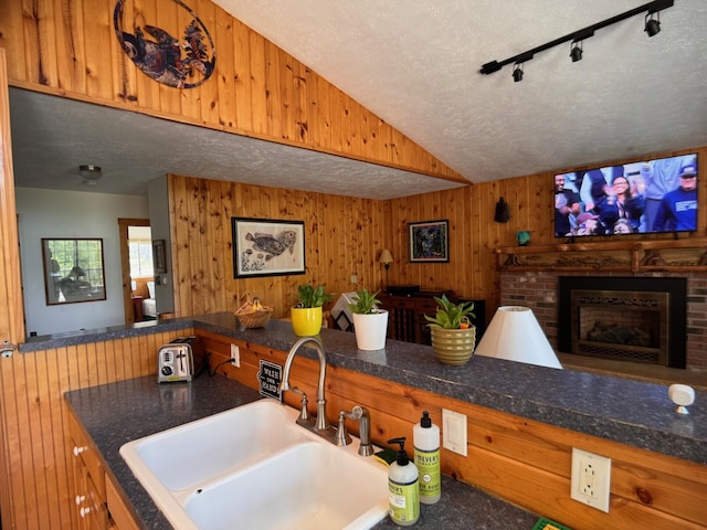 6309 Hiawatha Dr, Frederic, MI 49733 - kitchen with a sink, wooden walls, a fireplace, lofted ceiling, and a textured ceiling