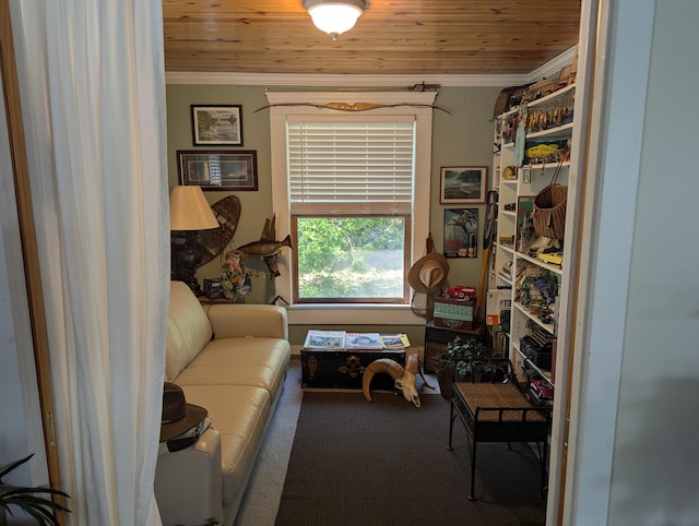 17740 Grand Lake Blvd, Presque Isle, MI 49777 - sitting room featuring ornamental molding, carpet floors, and wood ceiling