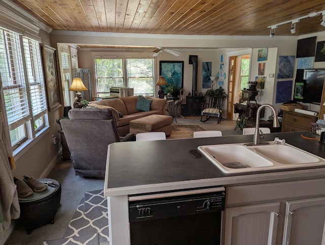 17740 Grand Lake Blvd, Presque Isle, MI 49777 - kitchen with black dishwasher, crown molding, a sink, open floor plan, and wooden ceiling