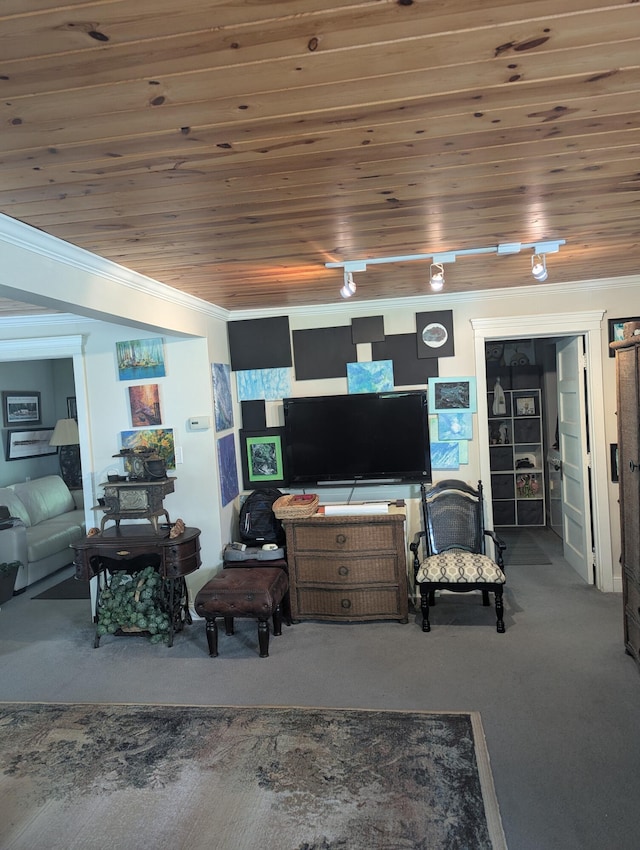 17740 Grand Lake Blvd, Presque Isle, MI 49777 - living room with carpet floors, wood ceiling, track lighting, and ornamental molding