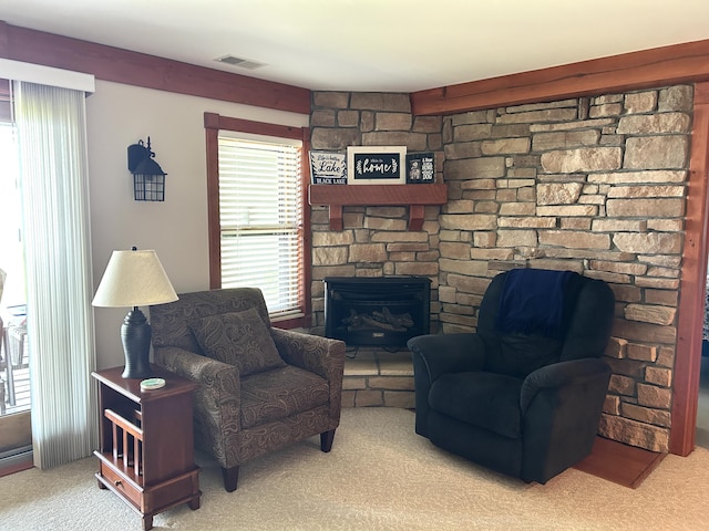 5392 Silver Beach Rd, Onaway, MI 49765 - carpeted living room featuring a fireplace