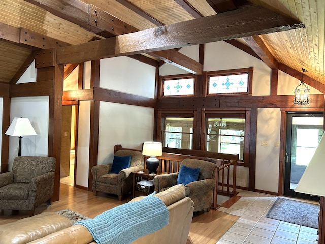 5392 Silver Beach Rd, Onaway, MI 49765 - living area featuring wooden ceiling with exposed beams, high vaulted ceiling, and baseboards