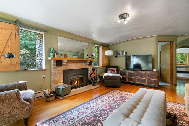 9150 W M-68, Indian River, MI 49749 - living room with wood finished floors, lofted ceiling, a fireplace, and baseboard heating