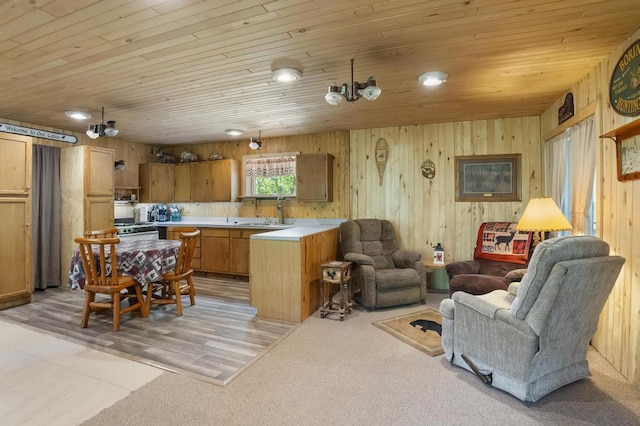3221 Krause Rd, Petoskey, MI 49770 - kitchen featuring open floor plan, a peninsula, light countertops, wood ceiling, and brown cabinetry