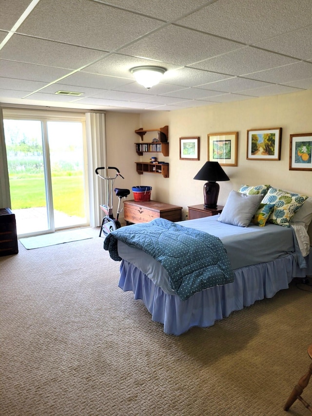 166 Long Rapids Rd, Alpena, MI 49707 - carpeted bedroom featuring a paneled ceiling and access to exterior