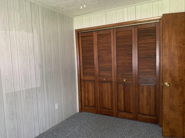 14501 3rd St, Hubbard Lake, MI 49747 - unfurnished bedroom with carpet flooring, wood walls, and a closet