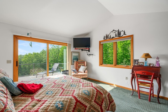 10077 Royal Coachman Trl, Gaylord, MI 49735 - bedroom with access to exterior, lofted ceiling, carpet floors, and baseboards