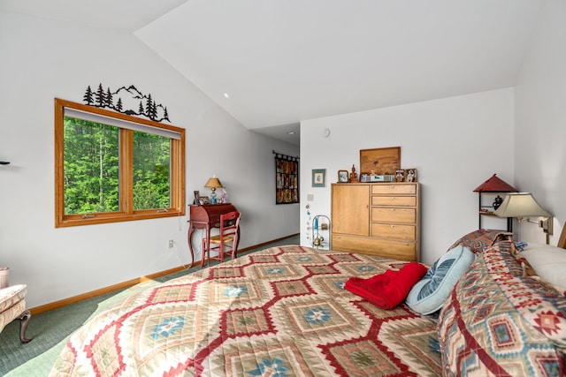 10077 Royal Coachman Trl, Gaylord, MI 49735 - bedroom with vaulted ceiling, carpet floors, and baseboards