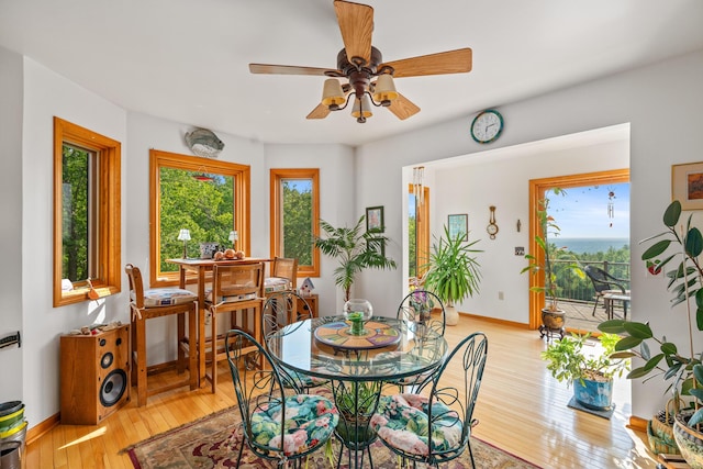 10077 Royal Coachman Trl, Gaylord, MI 49735 - dining space with light wood-style flooring, a ceiling fan, and baseboards