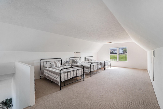 10480 N Straits Hwy, Cheboygan, MI 49721 - bedroom featuring carpet floors, lofted ceiling, and a textured ceiling