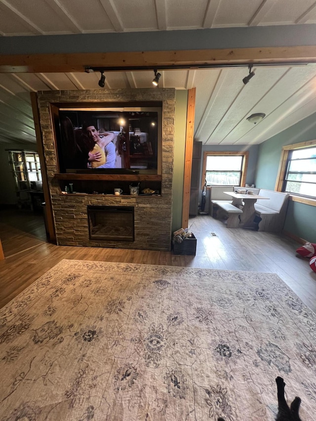 118 Westview Dr, Houghton Lake, MI 48629 - living room featuring rail lighting, wood finished floors, and vaulted ceiling