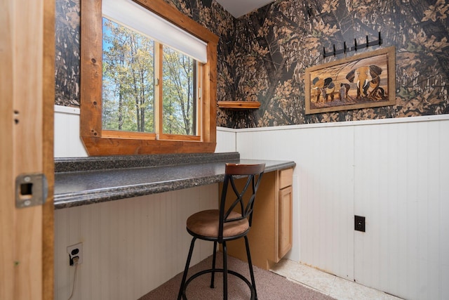 5466 Big Wolf Ln, Lewiston, MI 49756 - interior space with wainscoting, dark countertops, and wallpapered walls