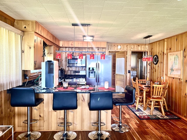 7811 Mcdonald Rd, Cheboygan, MI 49721 - kitchen featuring stainless steel appliances, a peninsula, wood walls, dark wood-style flooring, and dark countertops