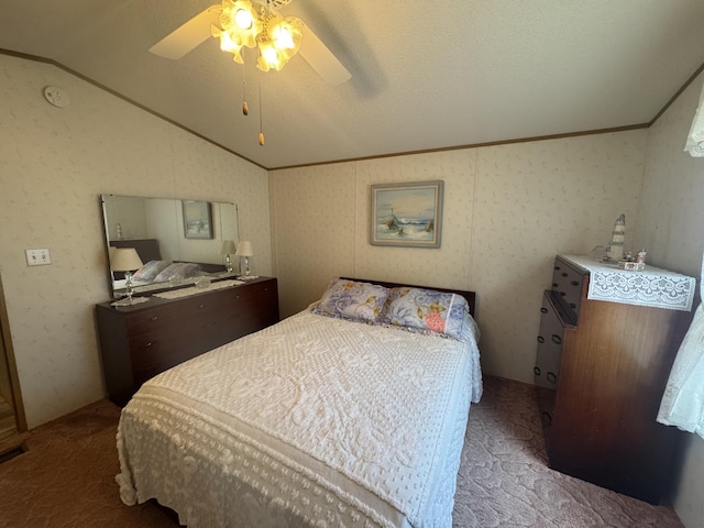 3981 Pointe Dr, Carp Lake, MI 49718 - bedroom with carpet, lofted ceiling, a ceiling fan, and crown molding