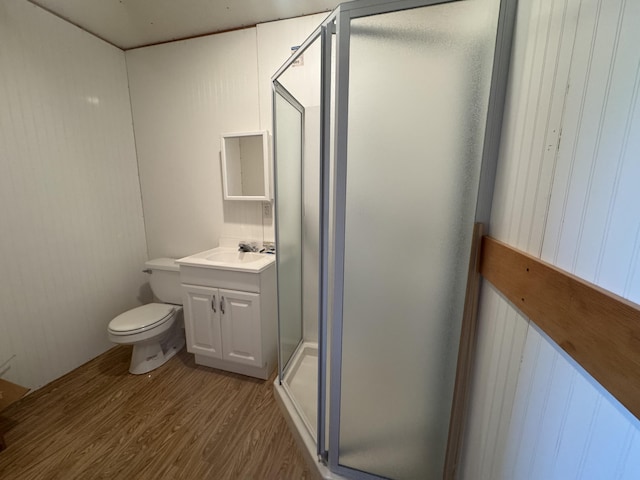 3981 Pointe Dr, Carp Lake, MI 49718 - full bathroom featuring wood finished floors, vanity, a stall shower, and toilet