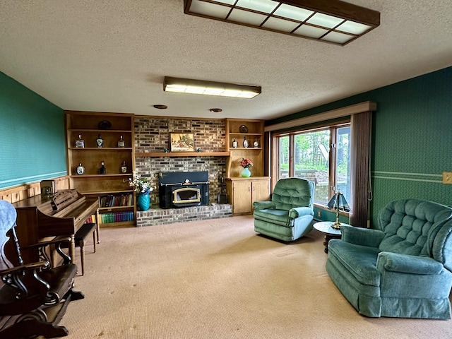 9561 Highbanks Dr, Cheboygan, MI 49721 - carpeted living area with a textured ceiling and a brick fireplace