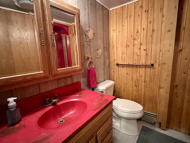 9561 Highbanks Dr, Cheboygan, MI 49721 - bathroom with a baseboard radiator, wooden walls, vanity, and a shower