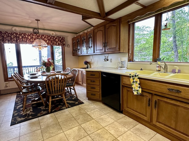 9561 Highbanks Dr, Cheboygan, MI 49721 - kitchen featuring black dishwasher, a chandelier, light countertops, and brown cabinets