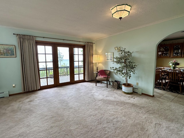 9561 Highbanks Dr, Cheboygan, MI 49721 - living area with crown molding, arched walkways, carpet, a textured ceiling, and baseboard heating