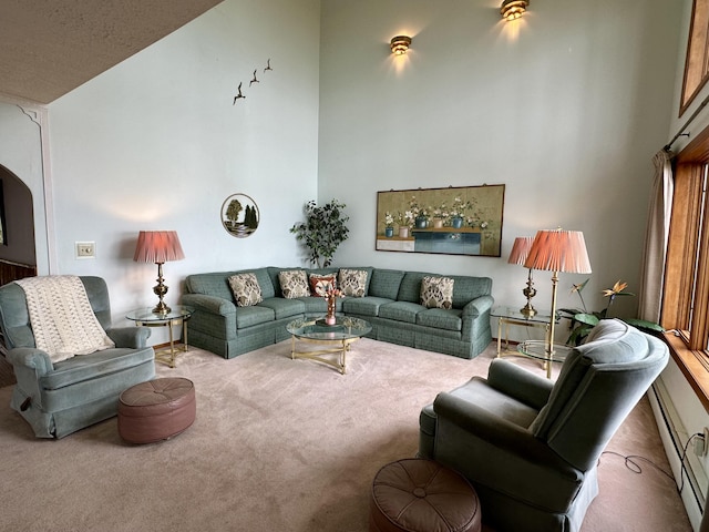 9561 Highbanks Dr, Cheboygan, MI 49721 - living area with carpet flooring, high vaulted ceiling, and a baseboard heating unit