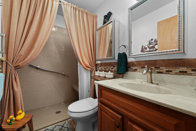 104 Alpena Trl, Houghton Lake, MI 48629 - full bathroom with vanity, tiled shower, and decorative backsplash