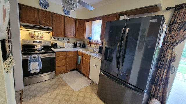 2012 S F-41, Mikado, MI 48745 - kitchen featuring black fridge with ice dispenser, stainless steel electric range oven, under cabinet range hood, white dishwasher, and light flooring