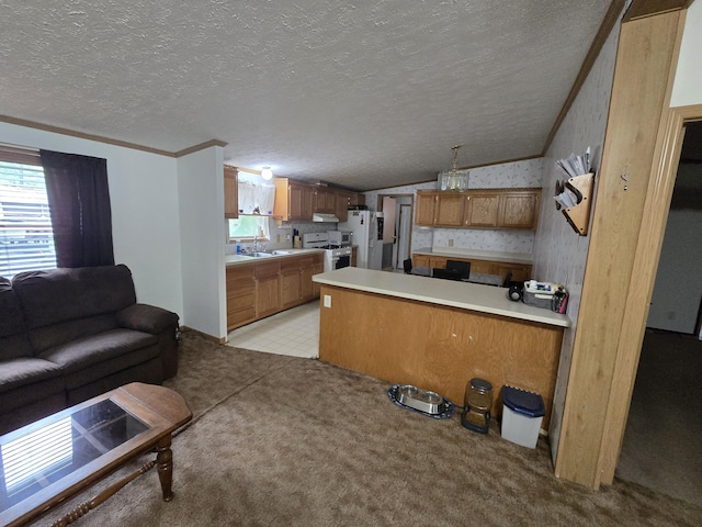 6709C E Houghton Lake Dr, Houghton Lake, MI 48629 - kitchen featuring white appliances, open floor plan, a peninsula, brown cabinetry, and lofted ceiling