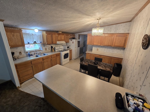 6709C E Houghton Lake Dr, Houghton Lake, MI 48629 - kitchen featuring white appliances, wallpapered walls, lofted ceiling, a chandelier, and ornamental molding