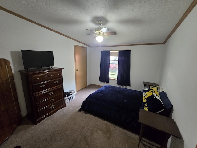 6709C E Houghton Lake Dr, Houghton Lake, MI 48629 - bedroom with ornamental molding, carpet floors, a textured ceiling, lofted ceiling, and ceiling fan