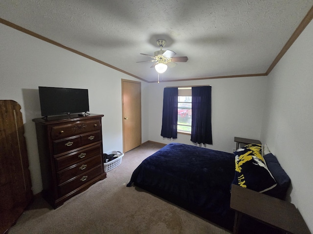 6709C E Houghton Lake Dr, Houghton Lake, MI 48629 - bedroom featuring ornamental molding, light colored carpet, lofted ceiling, a textured ceiling, and a ceiling fan