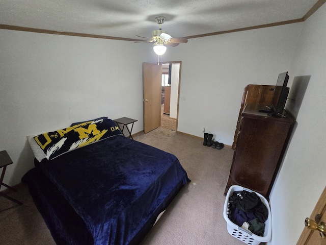 6709C E Houghton Lake Dr, Houghton Lake, MI 48629 - carpeted bedroom with crown molding, a ceiling fan, and a textured ceiling