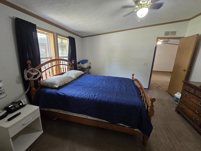 6709C E Houghton Lake Dr, Houghton Lake, MI 48629 - bedroom with carpet, a textured ceiling, crown molding, and ceiling fan