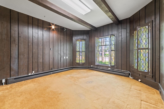 220 E Main St, Gaylord, MI 49735 - carpeted empty room with wood walls and beamed ceiling