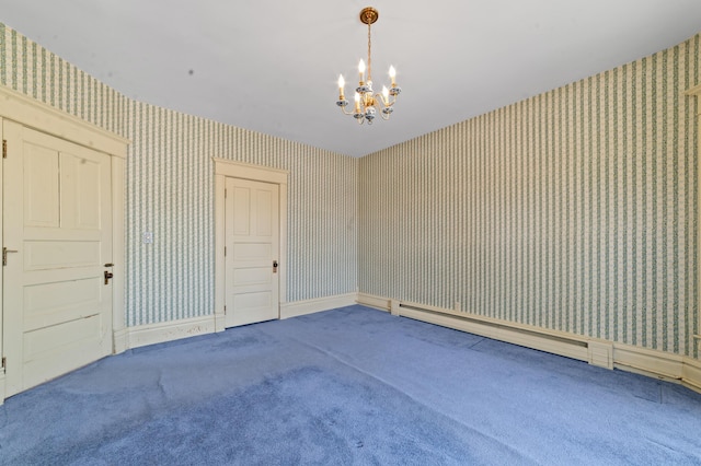 220 E Main St, Gaylord, MI 49735 - unfurnished room featuring wallpapered walls, carpet flooring, a chandelier, and a baseboard radiator