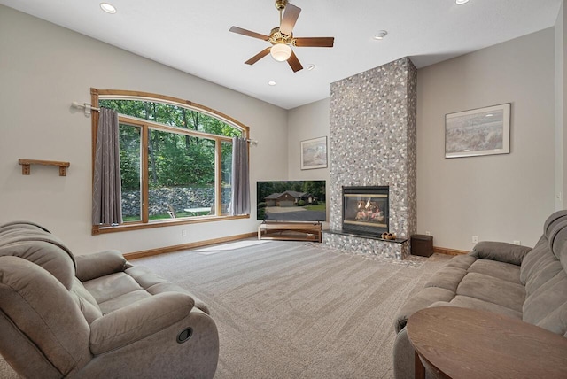 142 Frisco Dr, Houghton Lake, MI 48629 - living room featuring carpet flooring, recessed lighting, ceiling fan, and a tile fireplace