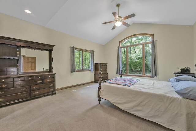 142 Frisco Dr, Houghton Lake, MI 48629 - bedroom with light colored carpet, lofted ceiling, and a ceiling fan