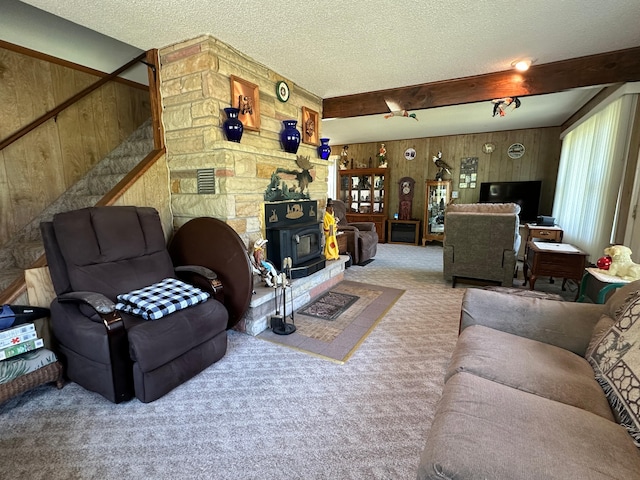 2585 M-33, Comins, MI 48619 - carpeted living room with wood walls, beam ceiling, healthy amount of natural light, a wood stove, and a textured ceiling