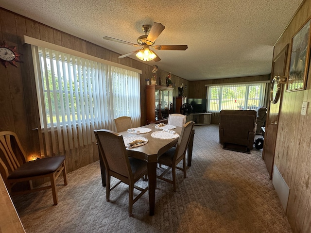 2585 M-33, Comins, MI 48619 - carpeted dining room with wood walls, ceiling fan, and a textured ceiling