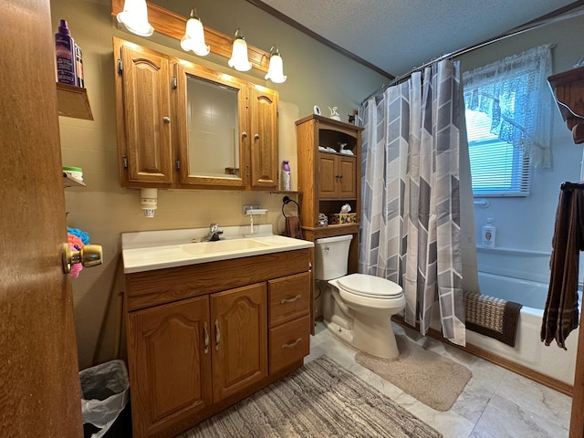 2585 M-33, Comins, MI 48619 - bathroom featuring vanity, shower / bathtub combination with curtain, a textured ceiling, and crown molding