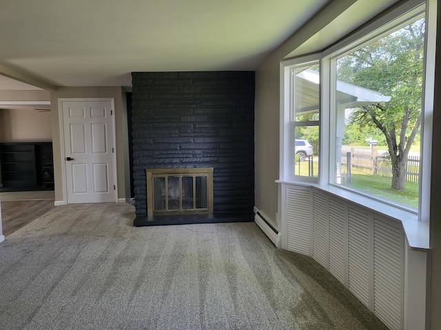 1251 Kingston Ave, Flint, MI 48507 - unfurnished living room with healthy amount of natural light, a fireplace, carpet floors, and baseboard heating
